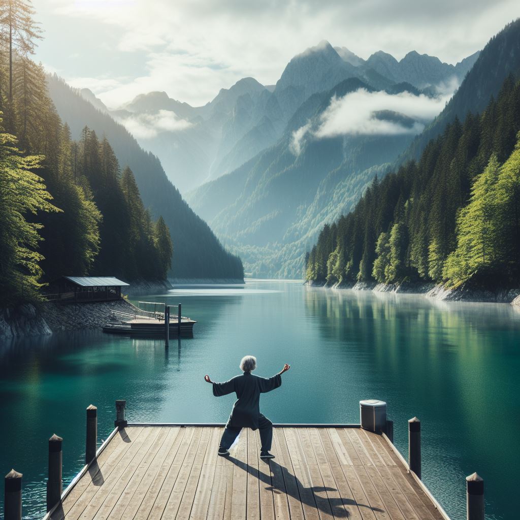 woman practicing taiji on a dock on a lake in the mountains